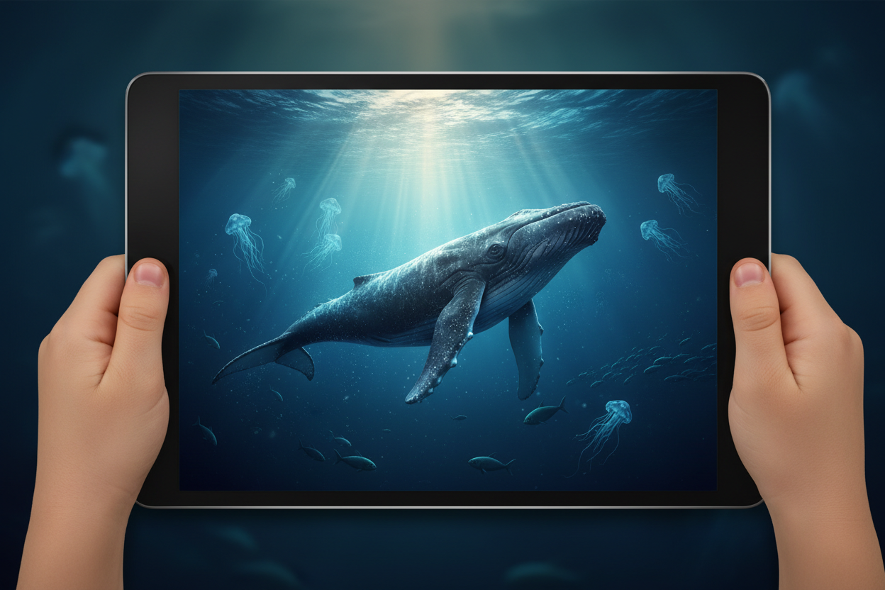 Niño leyendo la Biblia Digital Familiar en tablet, ballena majestuosa en océano profundo