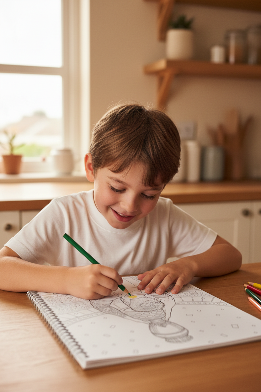 Niño de 8 años coloreando cuadernillo con espiral
